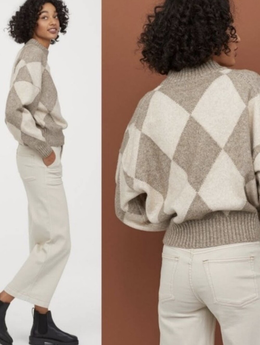 Pringle X HM Blended Wool Argyle Knit Sweater in Cream and Gray XS